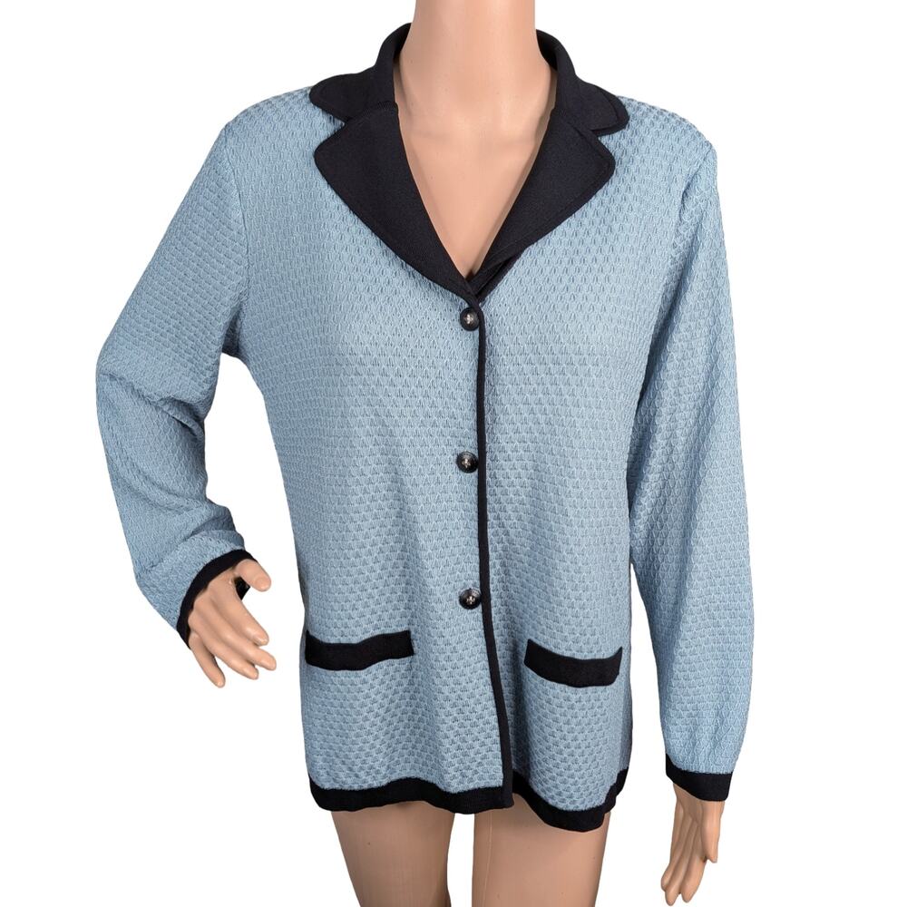 Misook Pastel Light Blue Black Trim Knit Cardigan Jacket Small S Vintage Blazer